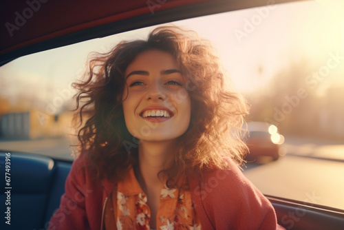 Close up portrait of cheerful young pretty woman smiling to camera while driving a cabriolet © alisaaa