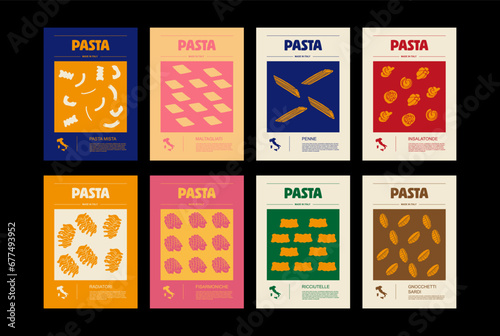 Italian macaroni types, labels for packages set. Pasta Mista, Maltagliati, Penne, Radiatori, Fisarmoniche, Ricciutelle, Insalatonde, Gnocchetti Sardi. Organic and natural product
