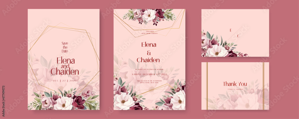 Red pink and white peony vector elegant watercolor wedding invitation floral design