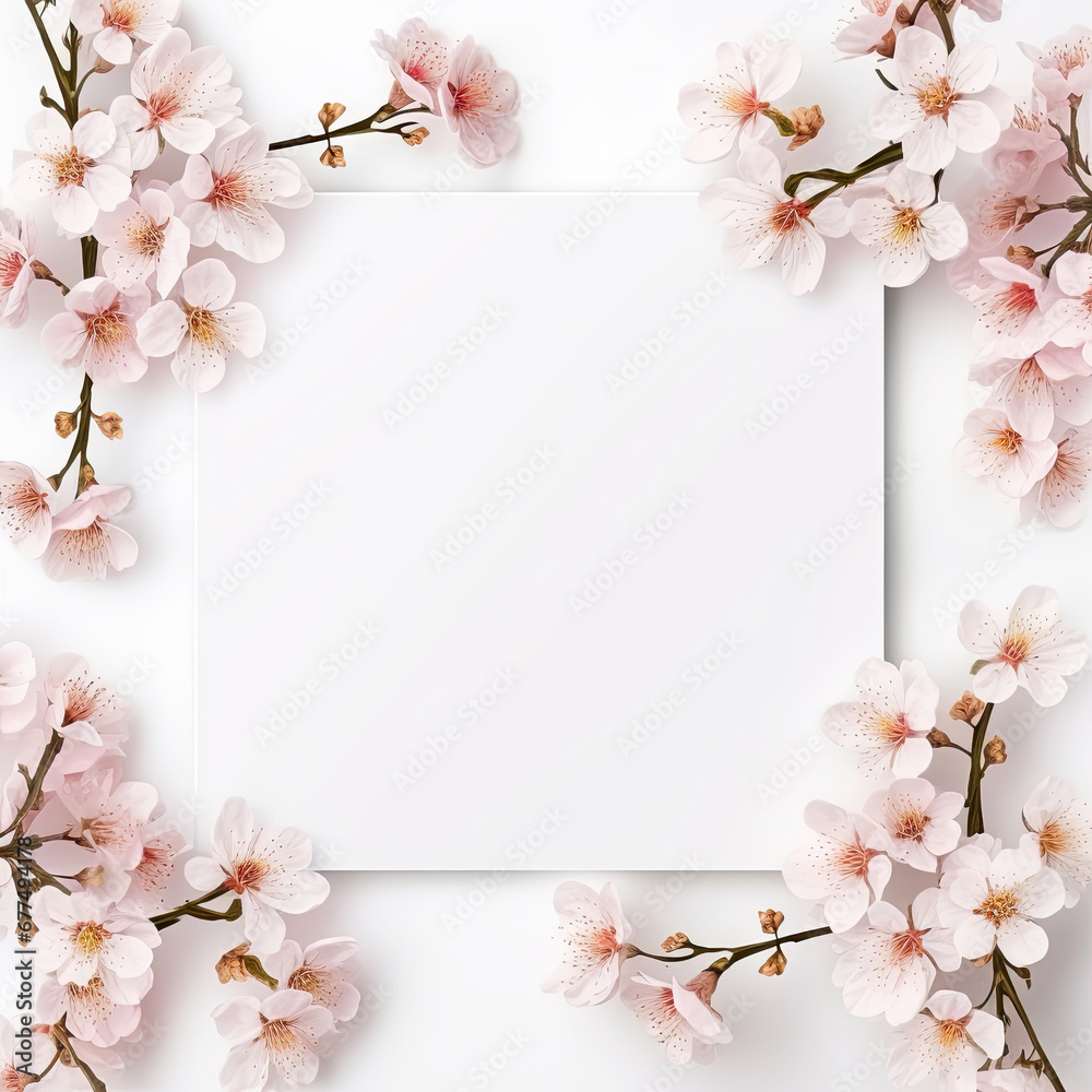 Template with Sakura Flower Cherry Blossom white and pink empty space Memo Note