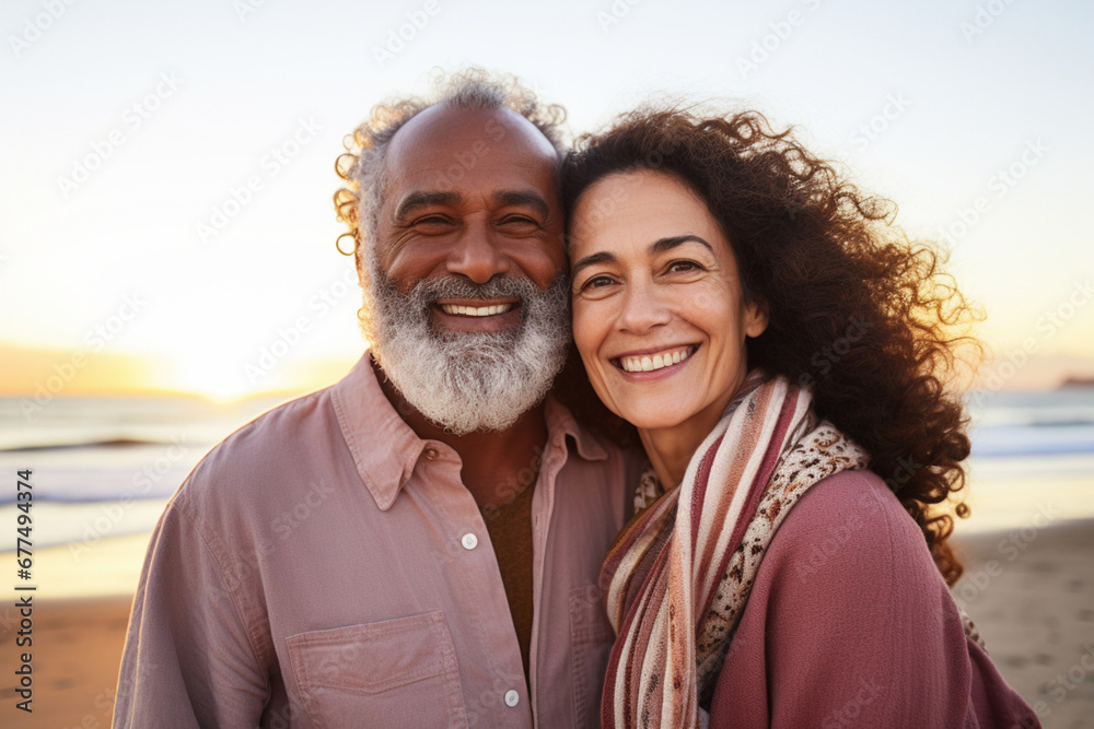 Closeup portrait of an senior affectionate mixed race couple standing on the beach and smiling during sunset outdoors, Hispanic couple showing love and affection on a romantic date at the beach Closeup portrait of an senior affectionate mixed race couple standing on the beach and smiling during sunset outdoors, Hispanic couple showing love and affection on a romantic date at the beach