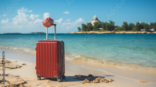 red suitcase on the beach HD 8K wallpaper Stock Photographic Image