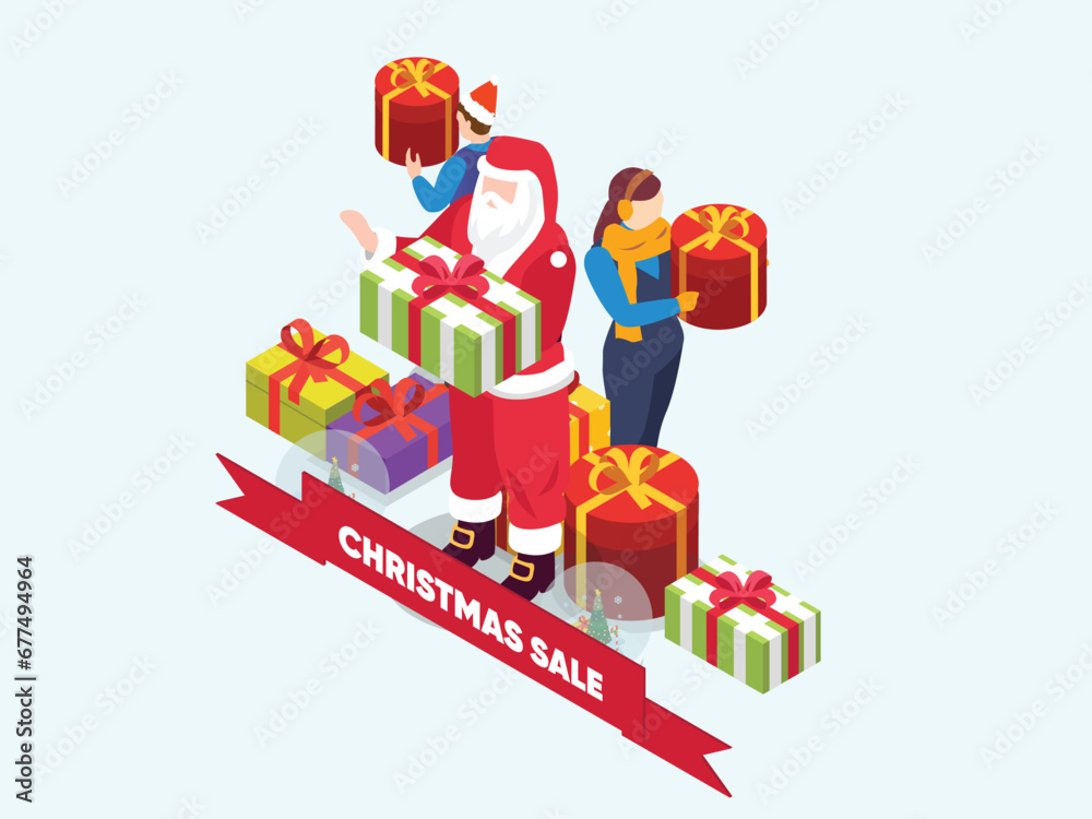 Christmas Sale Season - Santa Claus and gift boxes isometric 3d vector illustration concept for banner, website, landing page, flyer, greeting card, etc