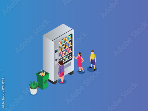 Little children standing in queue at vending machine isometric 3d vector illustration concept for banner, website, landing page, flyer, greeting card, etc