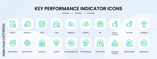 Key performance indicator icon collection with blue and green gradient outline style. kpi, performance, business, key, concept, analysis, indicator. Vector Illustration