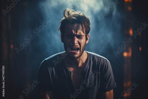 Dramatic Portrait of man is having a nervous breakdown at wor photo