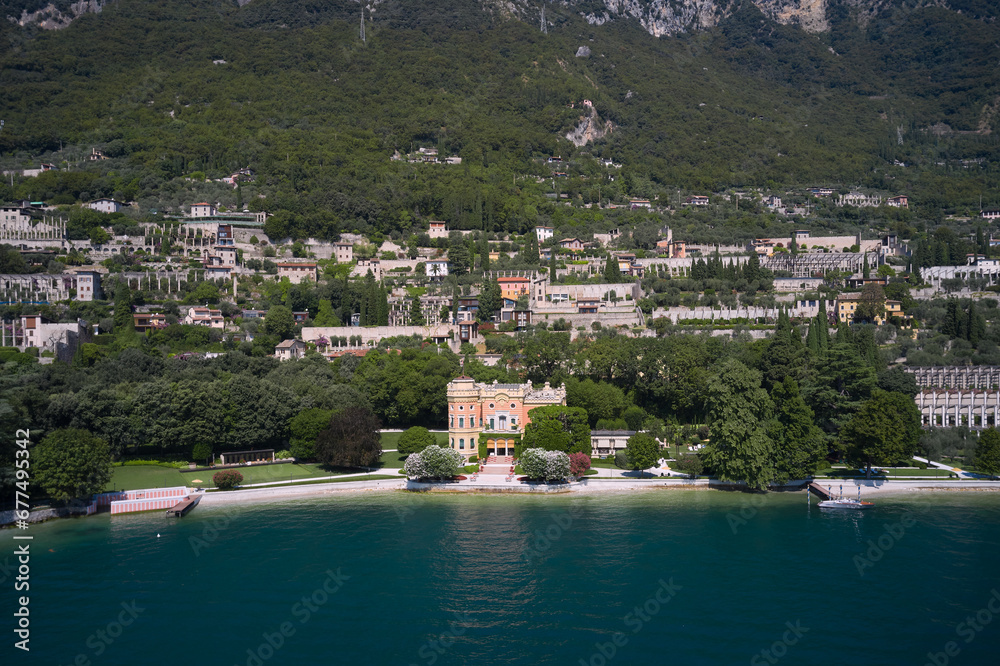 Panoramic aerial view of the city of Gargnano located on Lake Garda Italy. The city is located on the shores of Lake Garda. Coastline of the resort town of Gargnano Lake Garda Italy.