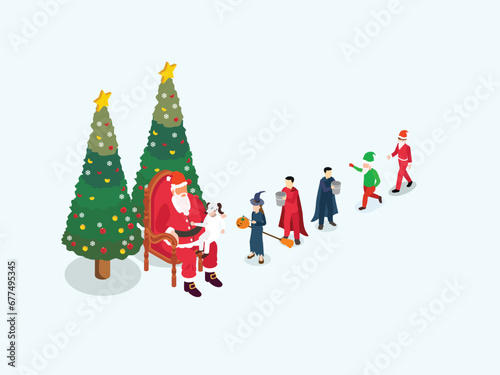 kids wearing costumes lining up in the mall waiting to take pictures with Santa Claus isometric 3d vector illustration concept for banner, website, landing page, flyer, greeting card, etc photo