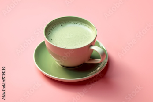 Ceramic mug with green matcha tea close-up on pink background.