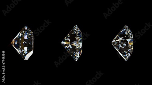 Round-shaped, variously cut diamonds rotating on black background. Comparison of 17, 57, 129 facet cut styles. Seamless loop 3d animation.