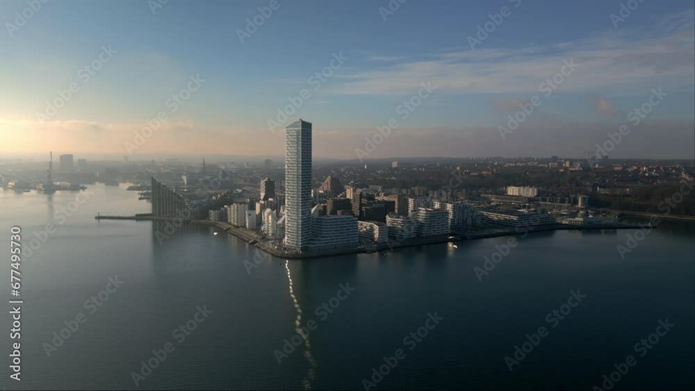 Drone Approaching Harbour Skyscraper At Sunset Drone Approaching Harbour Skyscraper At Sunset