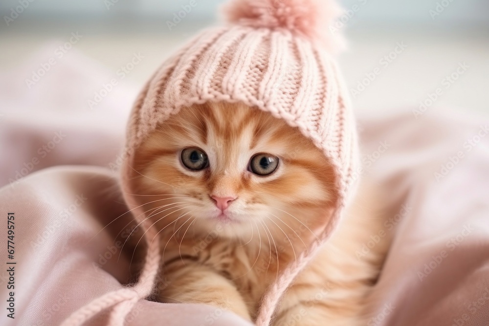 Cute little fluffy kitten in a knitted hat Cute little fluffy kitten in a knitted hat
