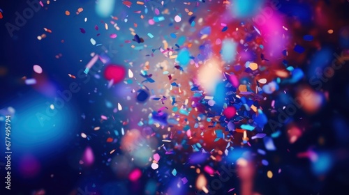 A festive and colorful party with flying neon confetti on a purple, red and blue background