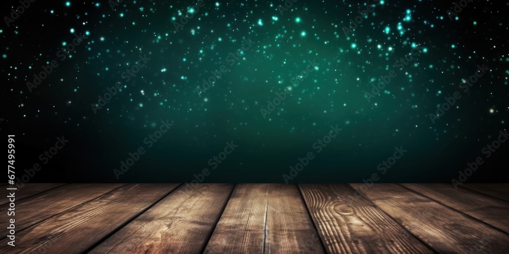 Empty old wooden table over magic dark green glitter Christmas background