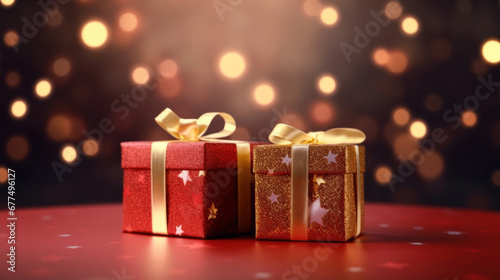 Golden gift presents on a light dark red background with colorful bokeh and stars glittering