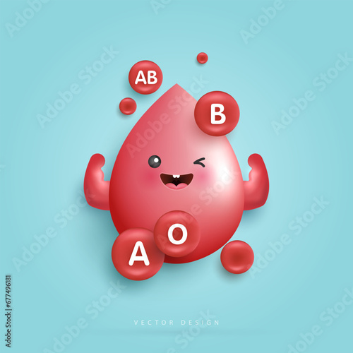 Blood with group droplets is strong. blood type. cute happy healthy smiling blood drop character for medical apps, websites and hospital. vector design.