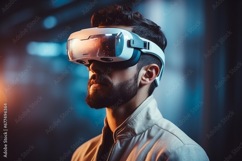 Handsome men with glasses of virtual reality, Portrait of Future gadgets technology concept, Modern imaging Handsome men with glasses of virtual reality, Portrait of Future gadgets technology concept, Modern imaging