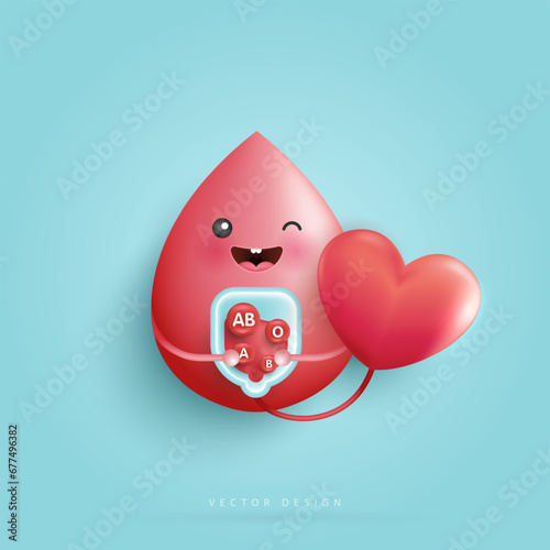 Blood with group droplets. blood type. cute happy healthy smiling blood drop character for medical apps, websites and hospital. vector design.
