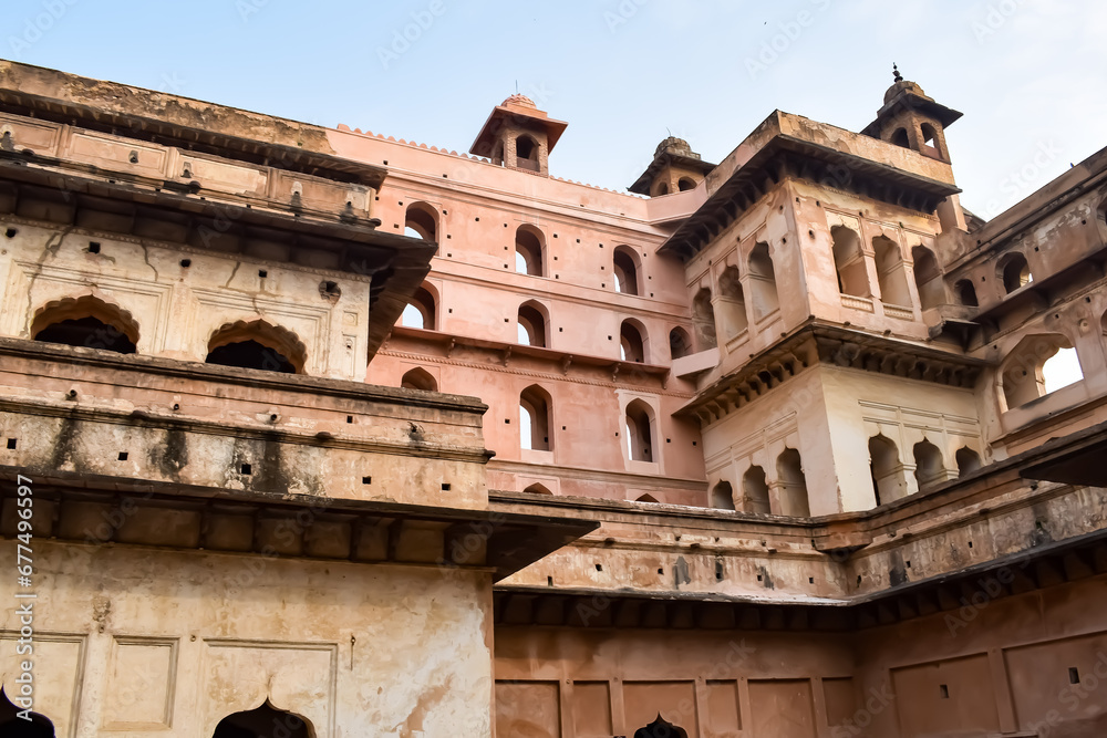 Beautiful view of Orchha Palace Fort, Raja Mahal and chaturbhuj temple from jahangir mahal, Orchha, Madhya Pradesh, Jahangir Mahal (Orchha Fort) in Orchha, Madhya Pradesh, Indian archaeological sites