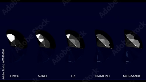 Black diamond substitutes rotating on dark blue background. Onyx, spinel, cubic zirconia, moissanite. Seamless loop 3d animation.