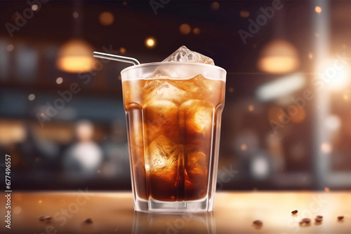 Iced coffee in a glass and an iron straw on the background of a cafe close-up.