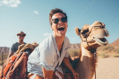 Happy tourist having fun enjoying group camel ride tour in the desert - Travel, life style, vacation activities and adventure concept © alisaaa