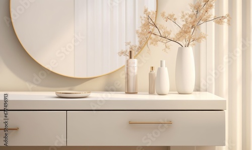 Empty modern  minimal beige dressing table  gold handle drawer storage  glass vase  round vanity mirror in cream wall bedroom in sunlight for luxury beauty  cosmetic  product background  Generative AI