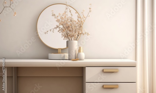 Foto Empty modern, minimal beige dressing table, gold handle drawer storage, glass va