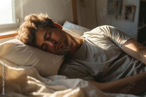 Home, bedroom and sleeping man in the morning lying his head on the pillow in apartment space, Tired, fatigue and relax male taking time off on the weekend in bed of airbnb or hotel accommodation photo