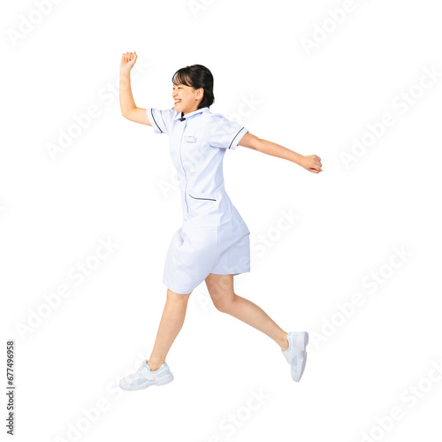 ジャンプする白衣を着た女性 看護師 医師 エステティシャン 切り抜き背景透過PNG