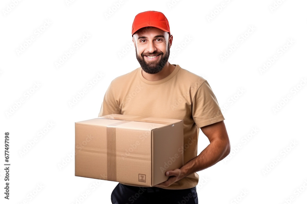 A smiling delivery man holding a box isolated on transparent background. A smiling delivery man holding a box isolated on transparent background.