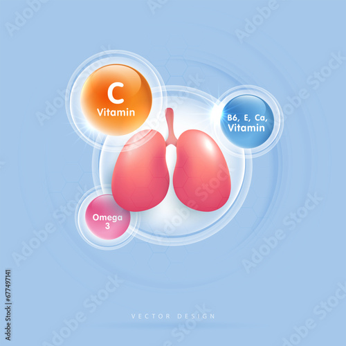 Lungs and vitamins for healthy lungs. vitamin C, E, B6, Ca and omega 3. medical food supplement concepts. health care medical. vector design.