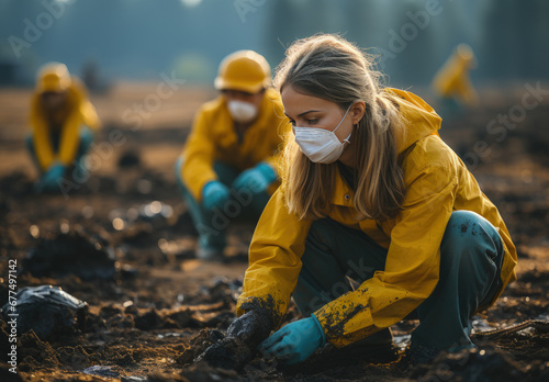 Young blonde woman in facial mask, yellow raincoat, jacket, hat and gloves sits squatted planting, working the land, cultivating, collecting, searching on background of other people doing the same © Dmitry Lobanov