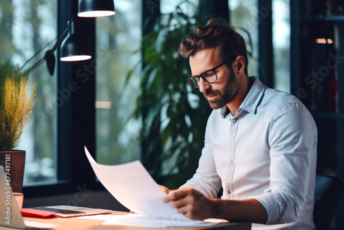 Male entrepreneur or businessman expert reading documents at office, Manager checking report, Thinking businessman lawyer analyzing deal contract papers, Company finance manager accountant photo
