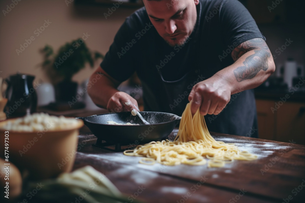 Man Cooking Pasta In The Kitchen 