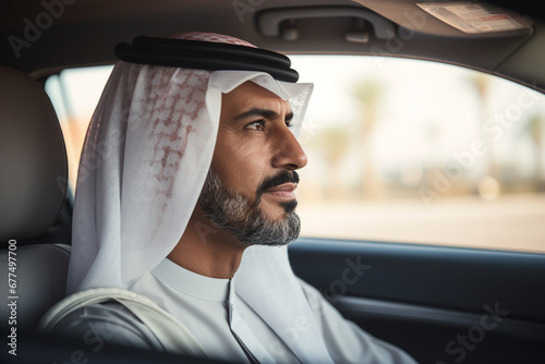 Middle Eastern man driving his car, he's wearing the typical Emirati dishdasha photo