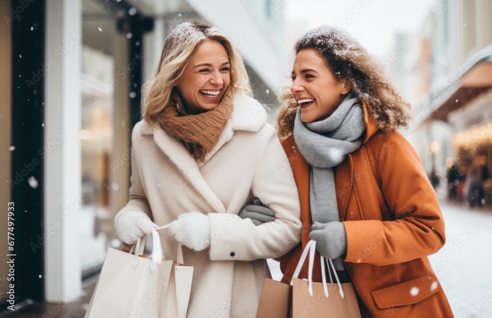 Two cheerful female friends holding shopping bags on snowy winter day. Diversity women making shopping during Christmas sales season.