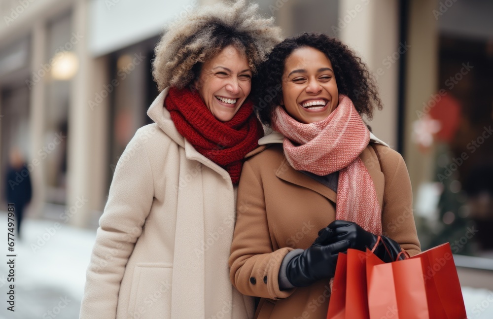 Two cheerful female friends holding shopping bags on snowy winter day. Diversity women making shopping during Christmas sales season.