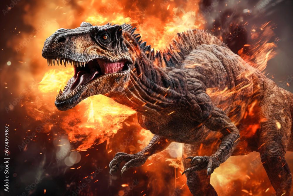Velociraptor ,dinosaur on smoke and fire background. Dinosaur in the ancient jungle. Primordial monster.