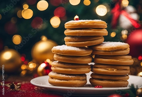 a stack of sugar cookies sitting on a plate next to a christmas tree
