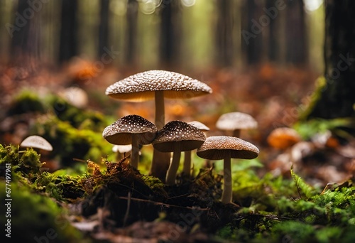 a number of mushrooms on the ground in a forest of moss