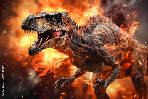 Velociraptor  dinosaur on smoke and fire background. Dinosaur in the ancient jungle. Primordial monster.