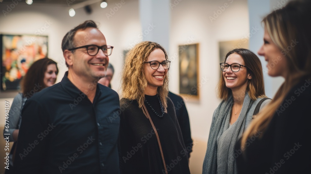 Obraz premium Group of people with glasses stand during an exhibition at the gallery.
