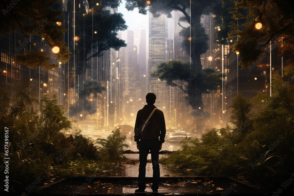 Person standing in contemplation in urban city with nature trees composite