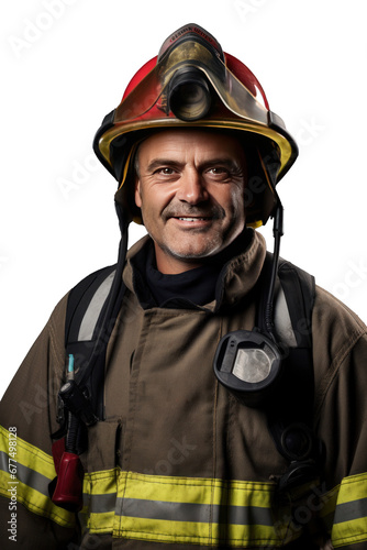 A smiling firefighter isolated on transparent background.