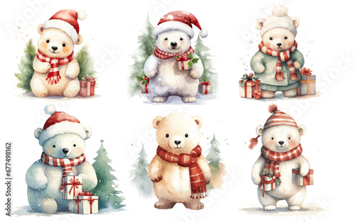 Christmas Polar bear wearing santa hats and winter cloths with Christmas Trees vectors