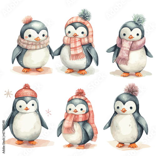 christmas penguins watercolor vectors