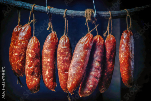 Close-up of sausage in a smokehouse. The sausage is hung for smoking. Aromatic smoke from smoking meat. Homemade farm production.