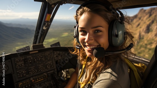 A beautiful female pilot taking a selfie in the cockpit while piloting a plane with the sky in the background.