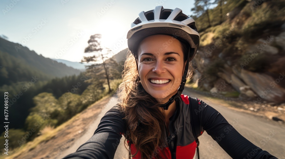 A beautiful female cyclist taking a selfie while cycling with pine trees and hills in the background. A beautiful female cyclist taking a selfie while cycling with pine trees and hills in the background.